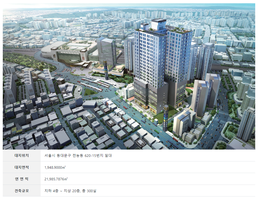 청량리역 우남 SL타워300 조감도 — 전농동 620-15 · 지하 4층~지상 20층 · 총 300실